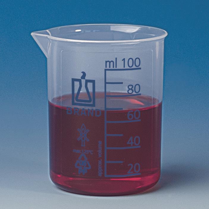 Begerglass, lav form, PP, 10 ml: 2 ml, blå gradering, bead